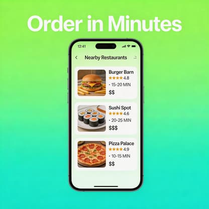 Food delivery app store screenshot with restaurant listings