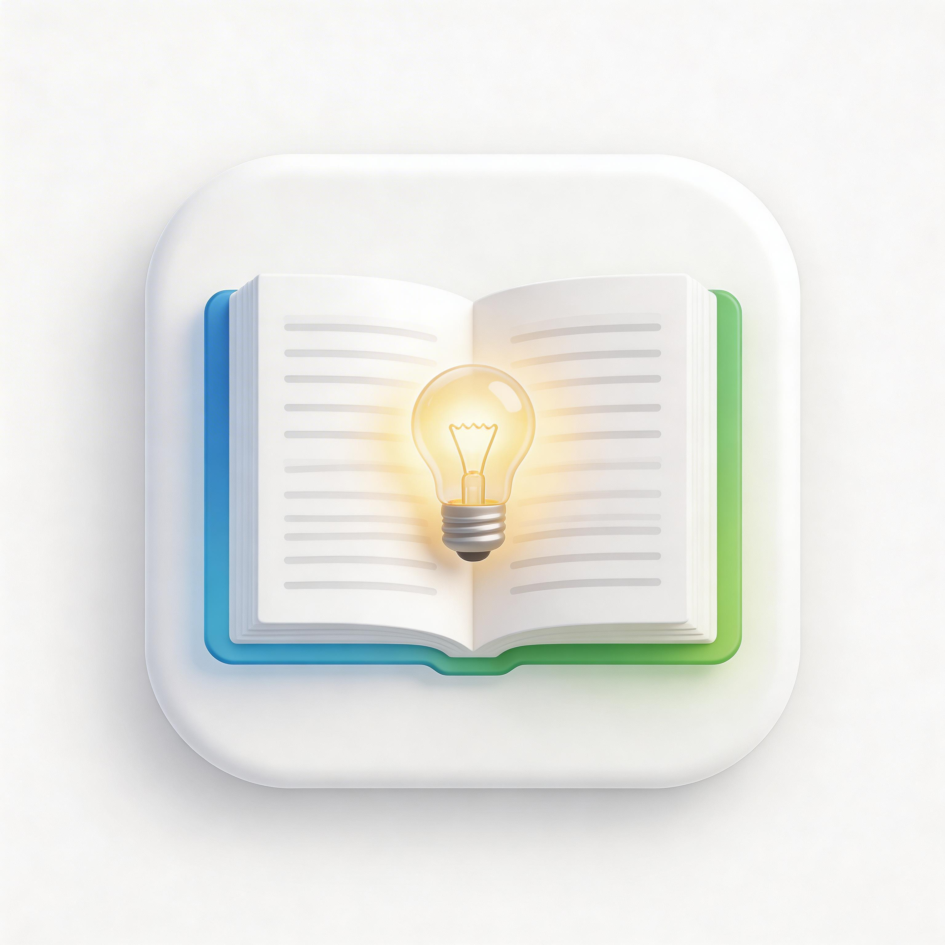 Education app icon with book and glowing lightbulb